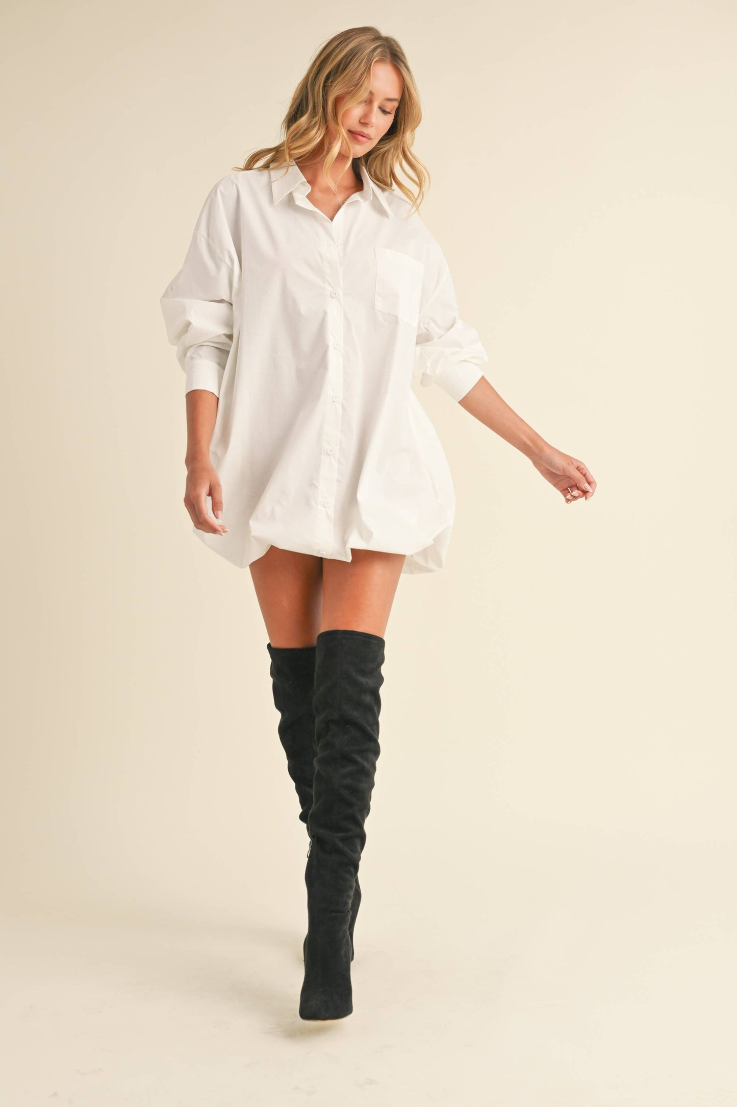 Klesis - ID8254 OVERSIZED BUBBLE HEM BUTTON DOWN SHIRT DRESS: White / S