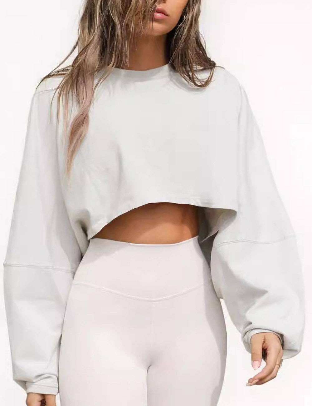 Dipped Shop - Casual Solid Color Crew Neck Cropped Sweatshirt Apricot / Beige