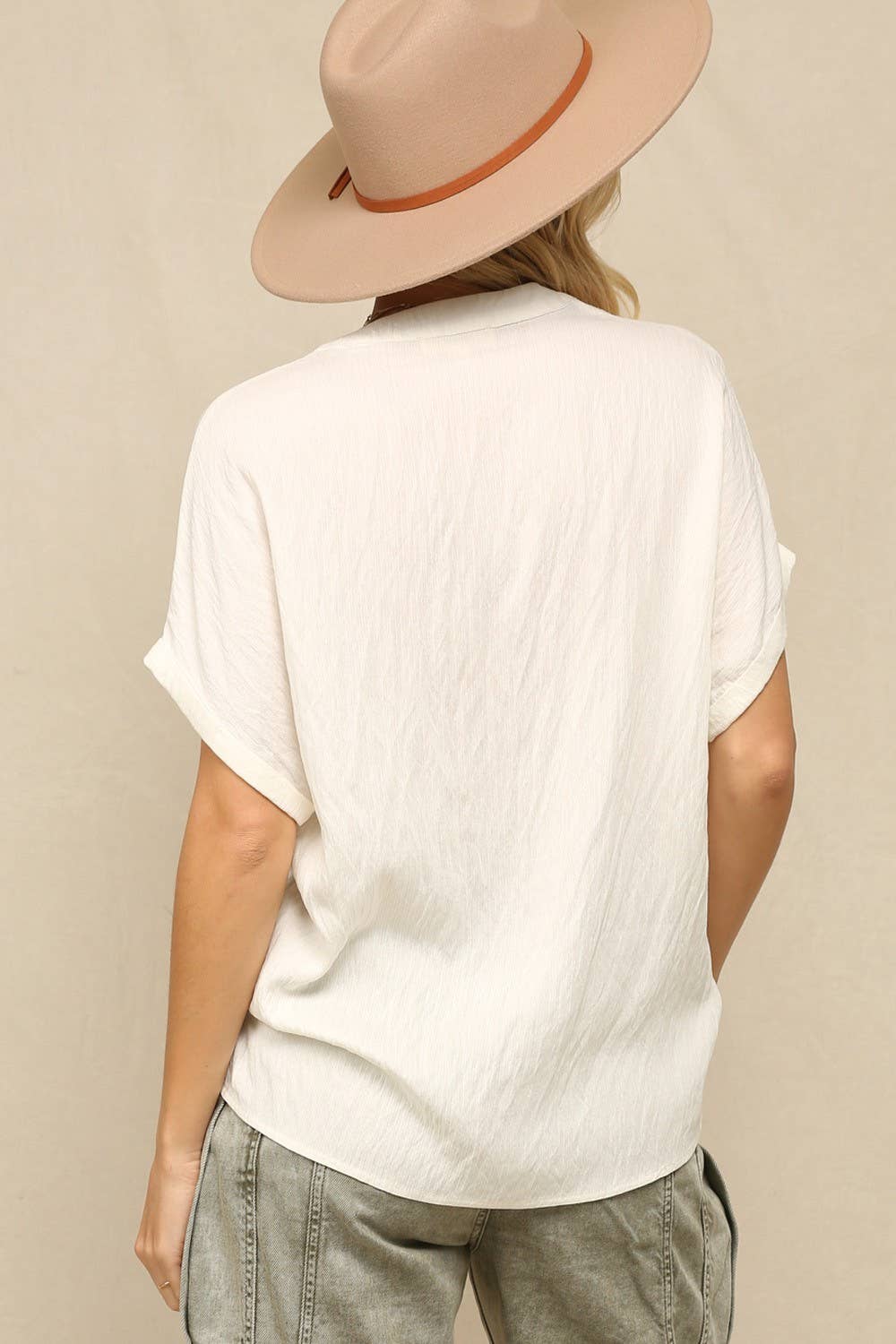 KyeMi - Silk V-Neck Top Wite Rolled Cap Sleeves: Off White