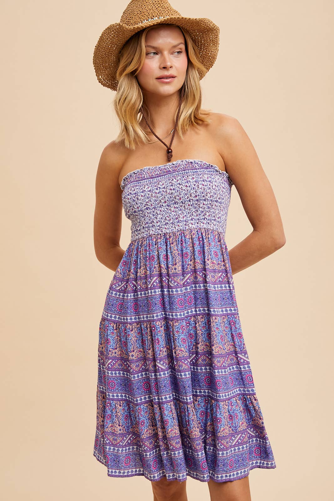 In Loom - PRINTED TUBE MINI DRESS: DUSTY INDIGO