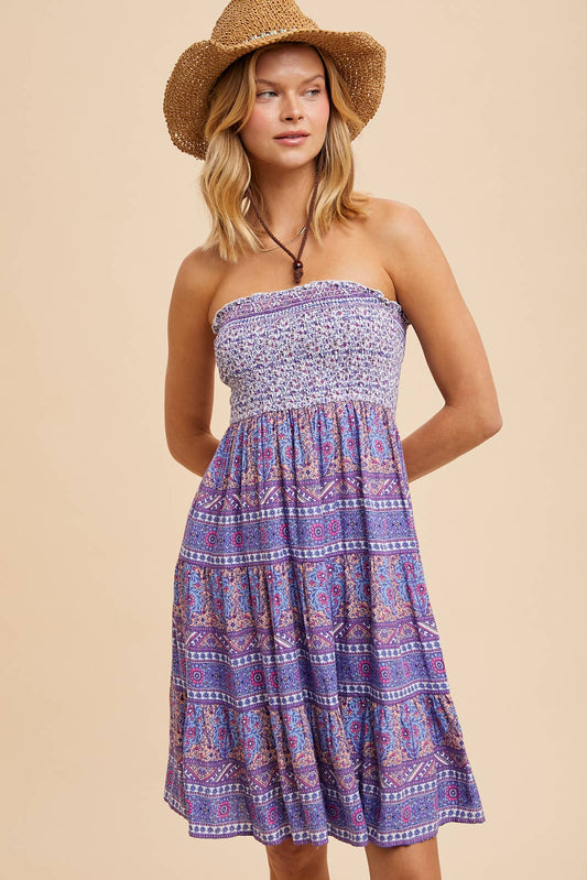 In Loom - PRINTED TUBE MINI DRESS: DUSTY INDIGO
