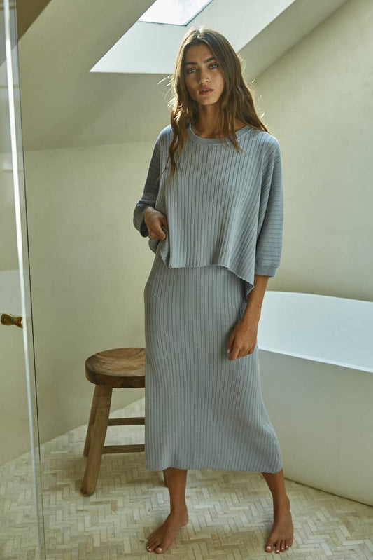 By Together - L4645 | Knit Sweater Cami Maxi Dress: Blue Grey / M