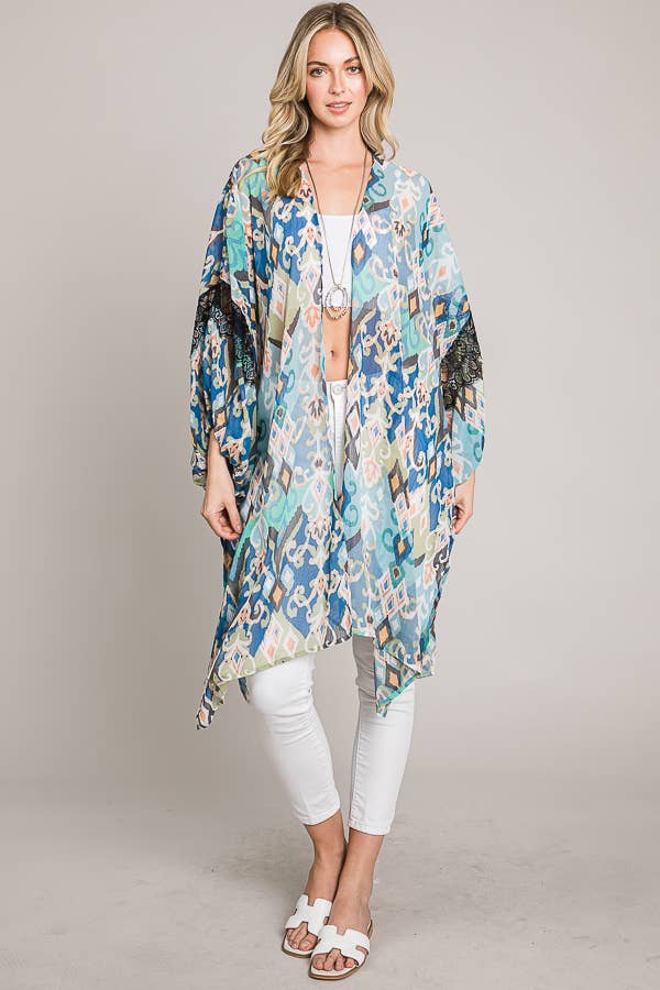 Cerule - Oversize Balloon Sleeve Kimono with lace trim: Blue/Green / Kimono / One Size