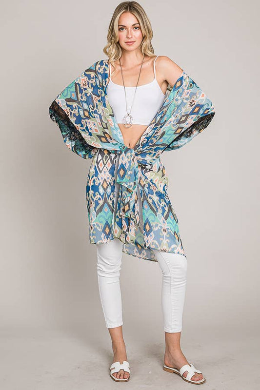 Cerule - Oversize Balloon Sleeve Kimono with lace trim: Blue/Green / Kimono / One Size