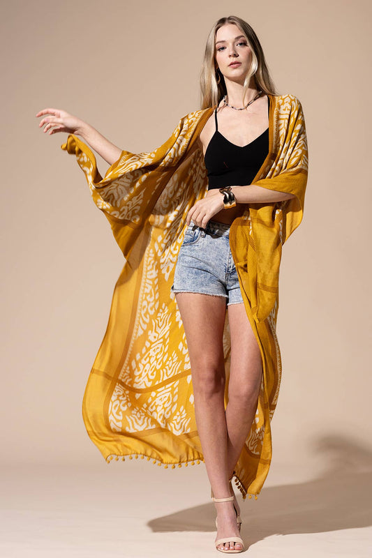 Urbanista - Damask Print Kimono with Sleeves: Mustard / OS