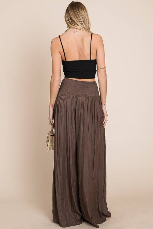 JADE BY JANE - Ruched waist wide resort pants: BROWN