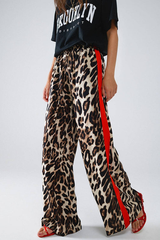 Q2 - Leopard Straight Pants With Red Stripes Down The Sides: Brown / Small