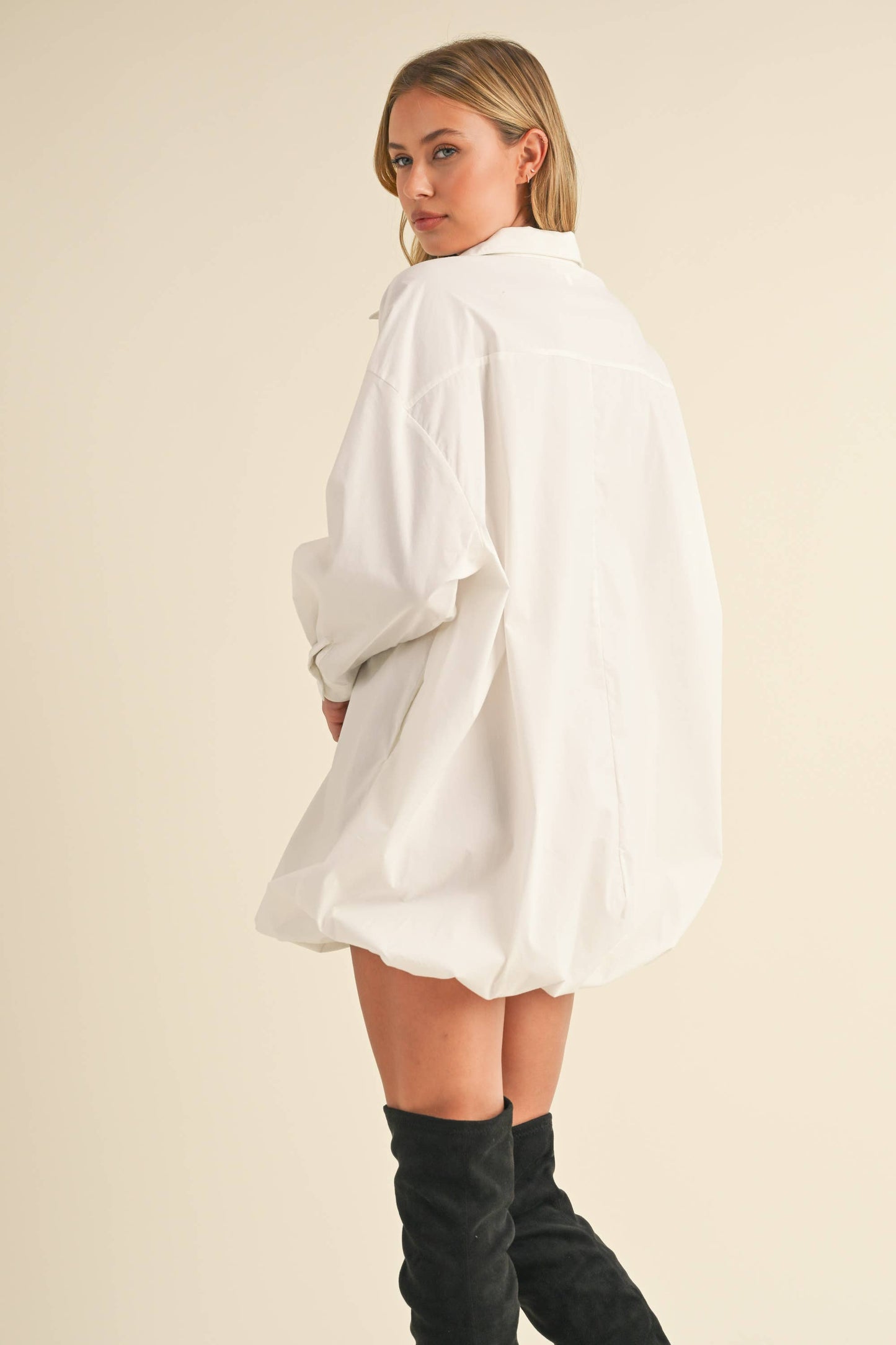 Klesis - ID8254 OVERSIZED BUBBLE HEM BUTTON DOWN SHIRT DRESS: White / S