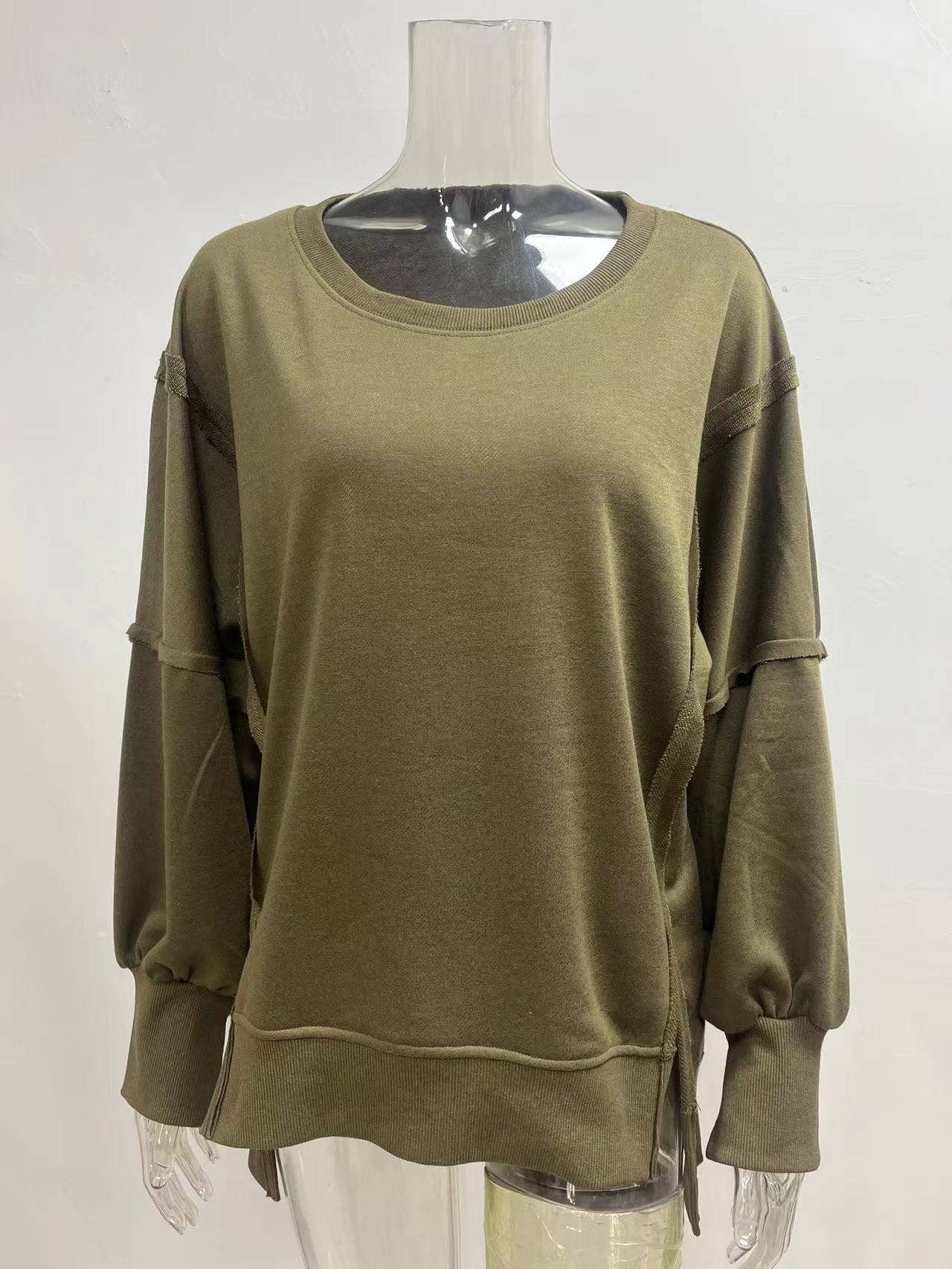Lily Clothing - Solid-color round-neck casual loose sweatshirt: ARMY GREEN