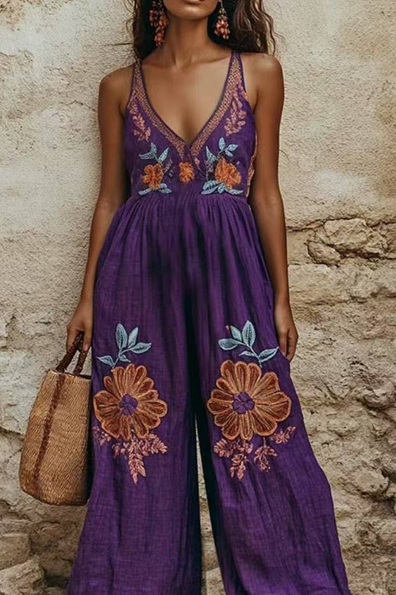 NINEXIS - VINTAGE FLORAL COTTON LINEN STRAPPY WIDE JUMPSUIT: PURPLE