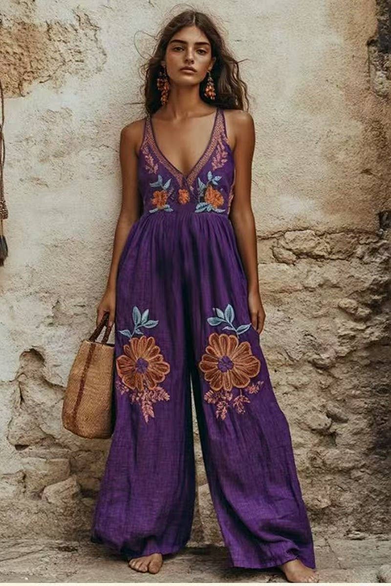 NINEXIS - VINTAGE FLORAL COTTON LINEN STRAPPY WIDE JUMPSUIT: PURPLE