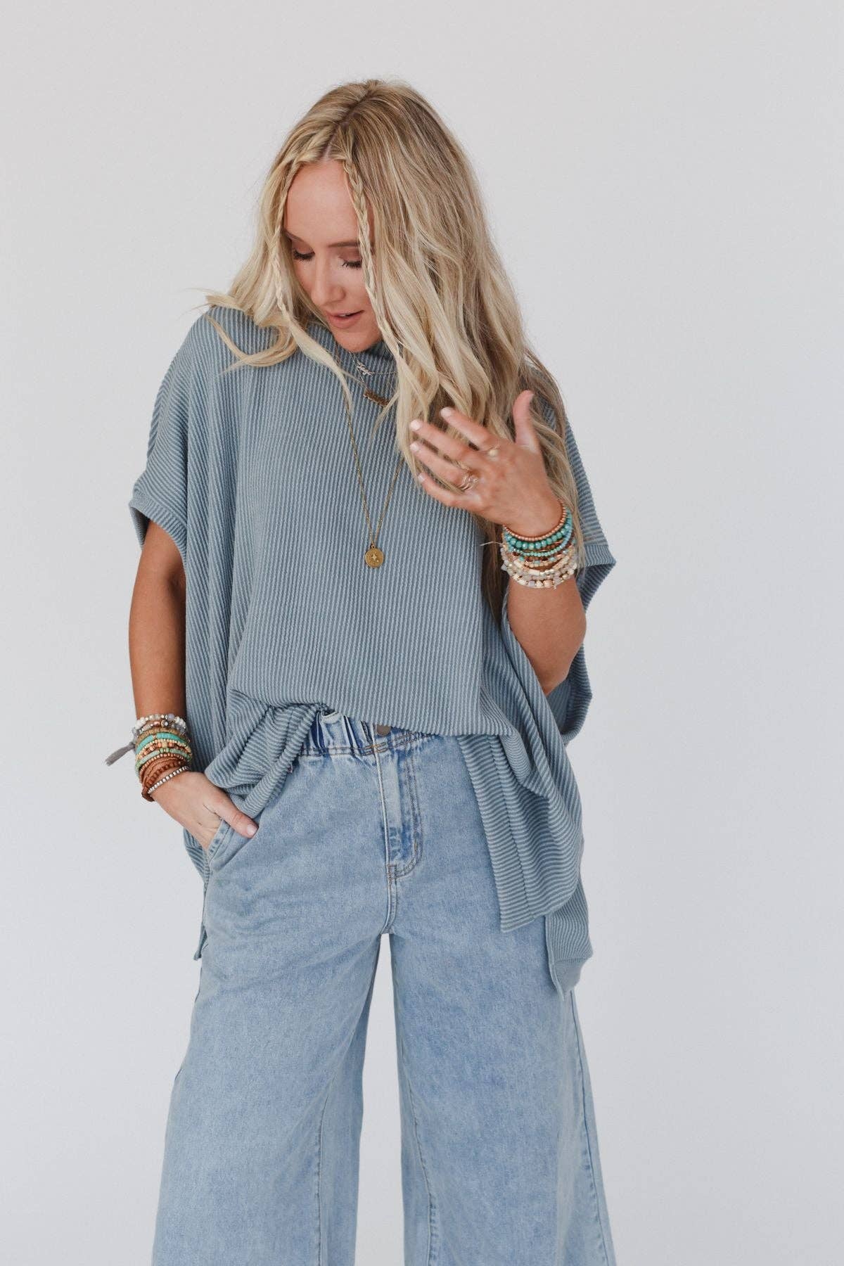 Three Bird Nest - Moon Glow Texture Knit Top - Seafoam: S