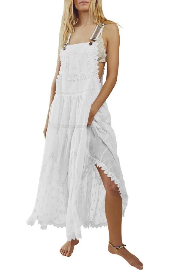 Rosa Clothing - Bohemian Flowy Lace tiered Bib Maxi Dress: White