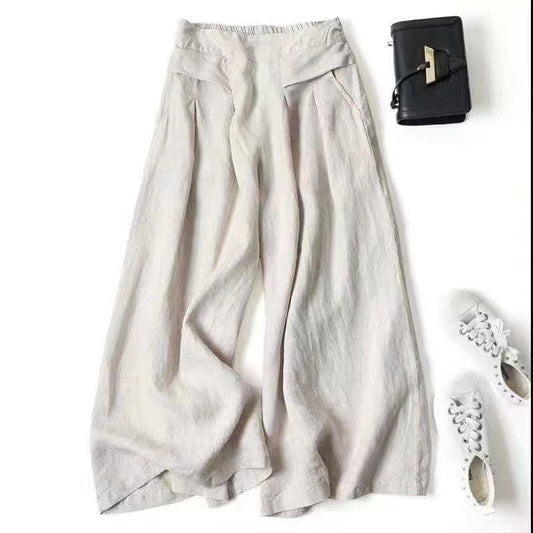 High-Waisted Linen and Cotton Loose Fit Culottes - M