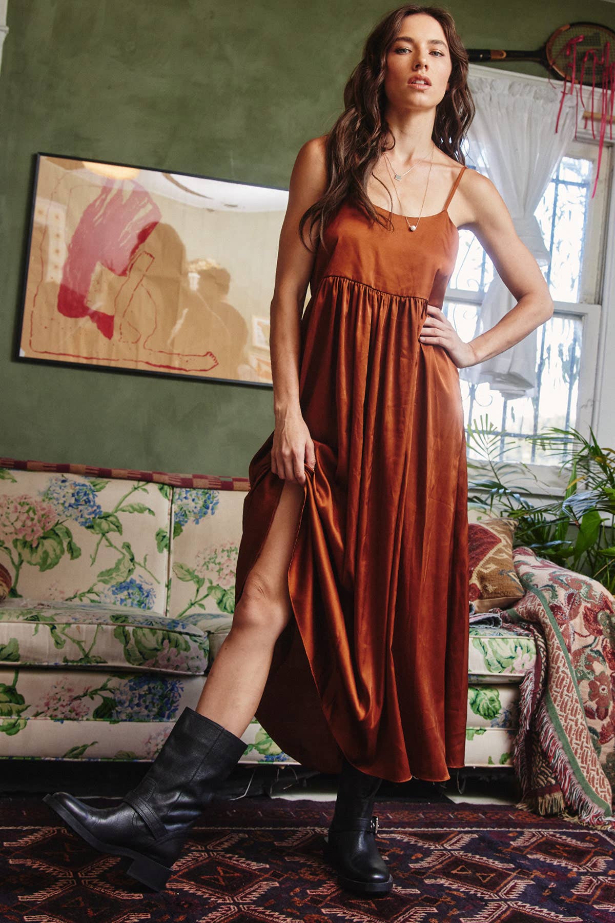 LARA DAISY INC - Satin Tie-back Camisole Midi Dress: Amber