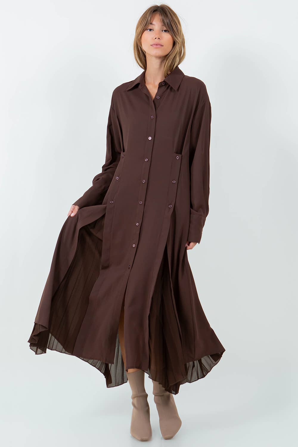 Whiteroom+Cactus - PLEATING DETAILED MULTI BUTTON WEAR SHIRT DRESS - BROWN: Brown / L