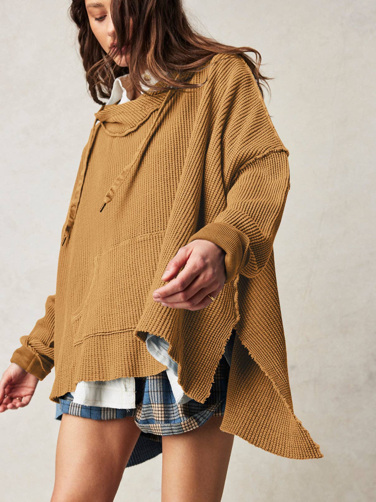 Dipped Shop - Solid Color Loose Split Hooded Sweatshirt MUSTARD