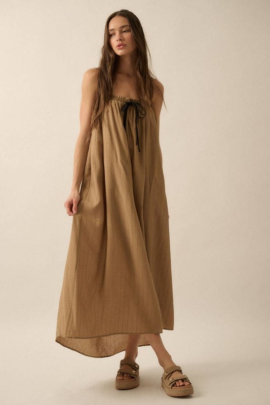 Promesa USA - Tonal-Stripe Drawstring-Neckline Maxi Sack Dress: TAUPE
