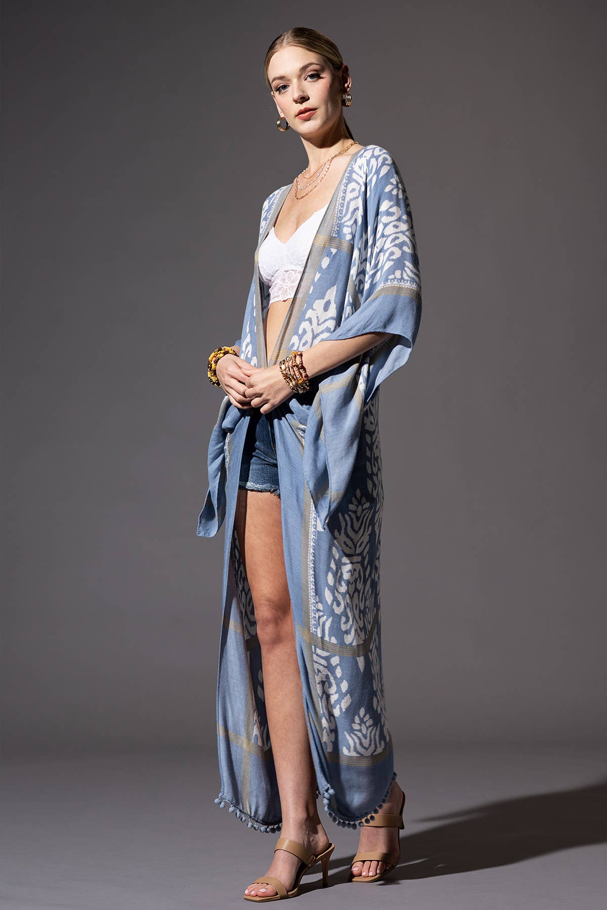 Urbanista - Damask Print Kimono with Sleeves: Mustard / OS