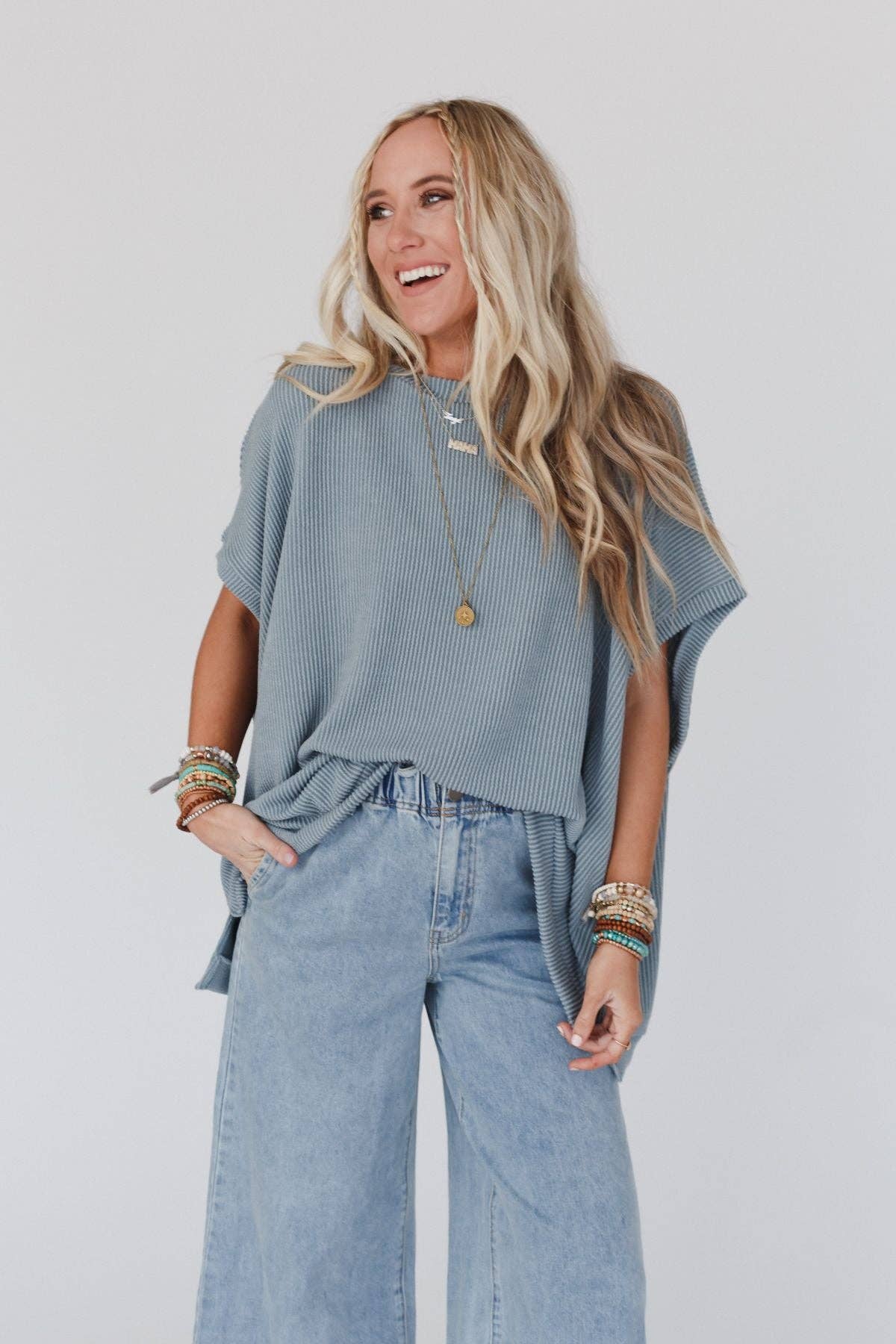 Three Bird Nest - Moon Glow Texture Knit Top - Seafoam: S