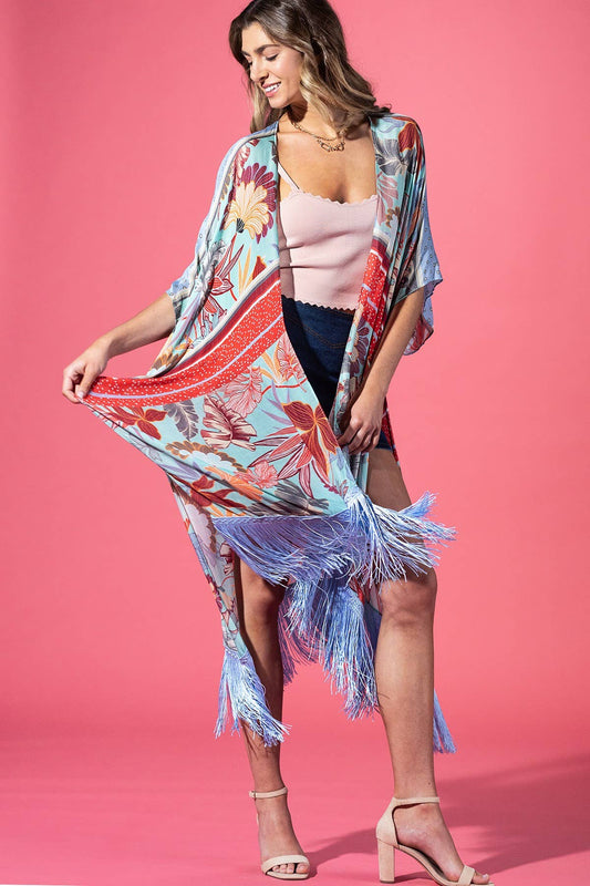 Urbanista - Cerulean Reef Fringed Kimono: 41-Azule Bloom / OS