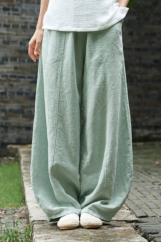 NINEXIS - COTTON AND LINEN WASHED LOOSE CASUAL BLOOMERS: PEAGREEN