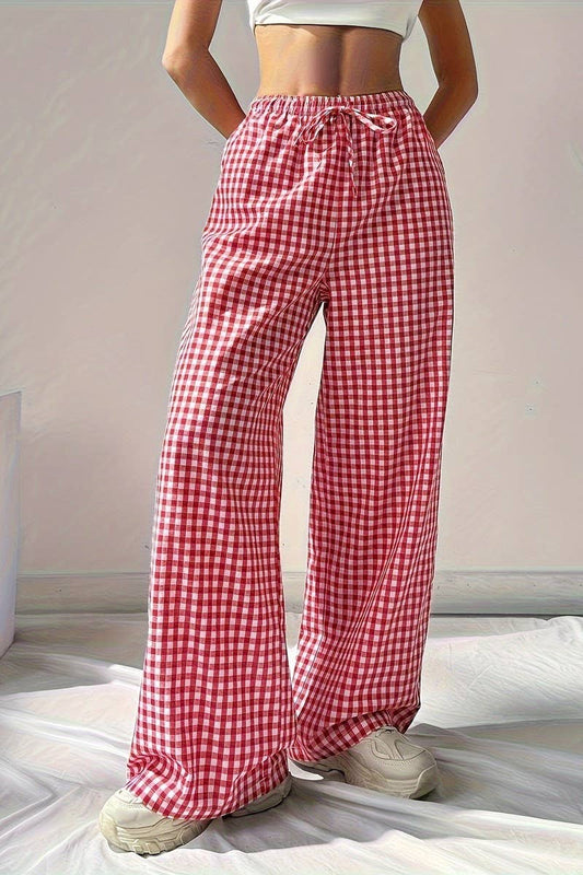 NINEXIS - LOOSE PINK PLAID LACE-UP CASUAL WIDE-LEG PANTS: RED