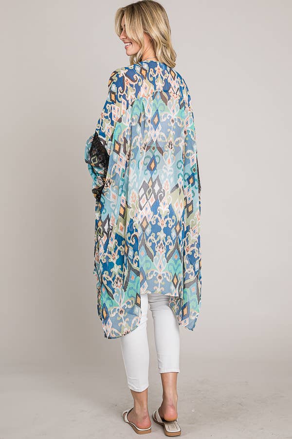 Cerule - Oversize Balloon Sleeve Kimono with lace trim: Blue/Green / Kimono / One Size