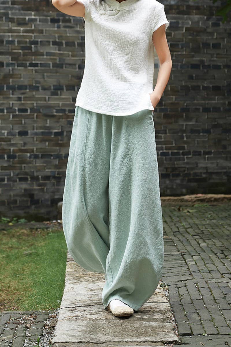 NINEXIS - COTTON AND LINEN WASHED LOOSE CASUAL BLOOMERS: PEAGREEN