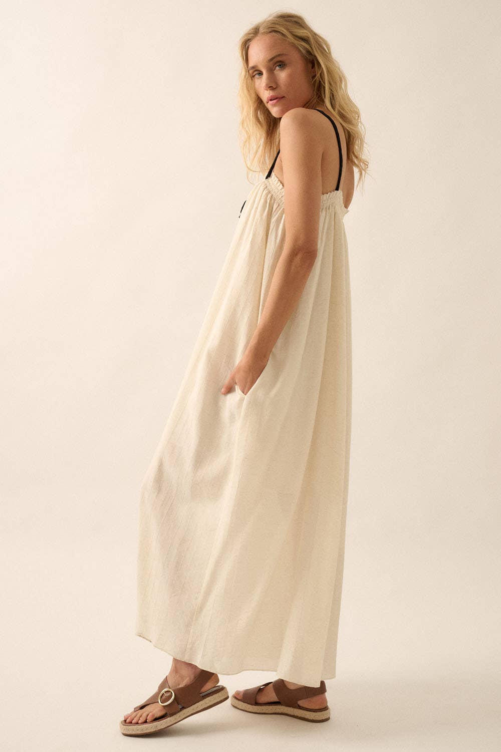 Promesa USA - Tonal-Stripe Drawstring-Neckline Maxi Sack Dress: OATMEAL