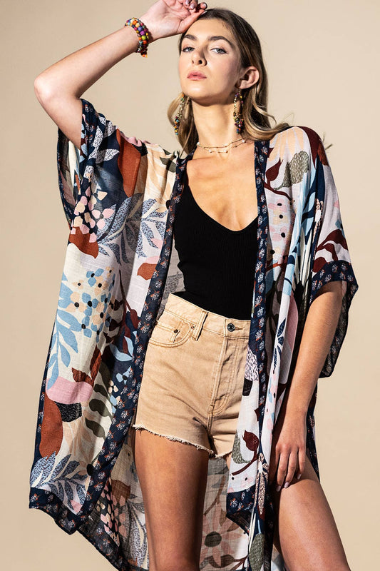 Urbanista - Botanical Floral Viscose Kimono: BEIGE/NAVY / OS