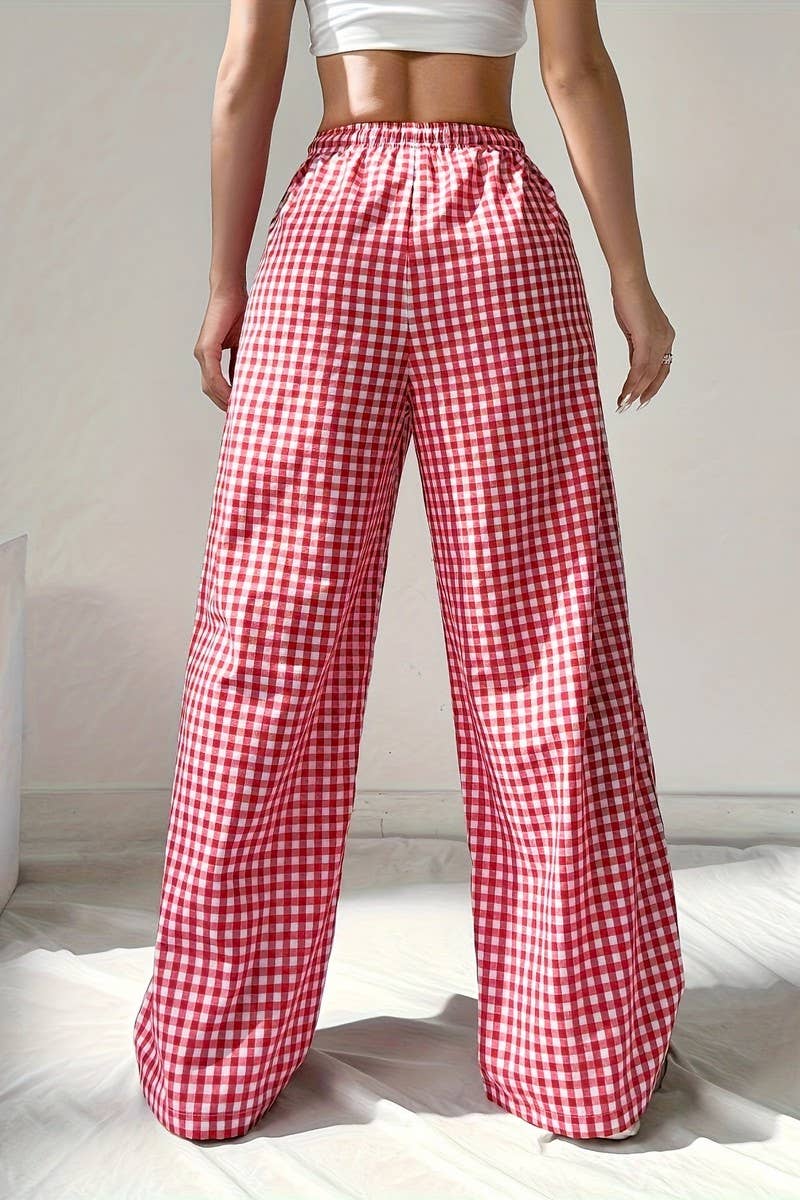 NINEXIS - LOOSE PINK PLAID LACE-UP CASUAL WIDE-LEG PANTS: RED