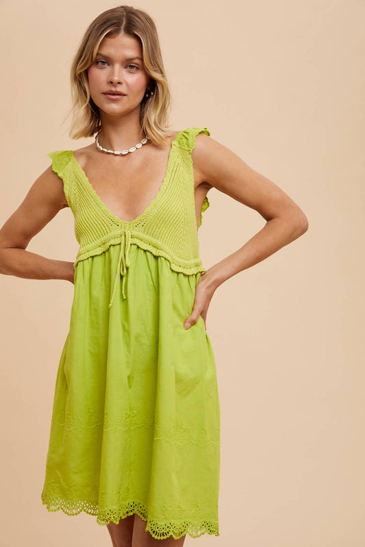 In Loom - V NECK CROCHET MINI DRESS: PISTACHIO