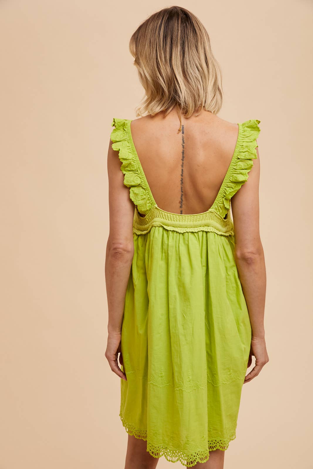 In Loom - V NECK CROCHET MINI DRESS: PISTACHIO