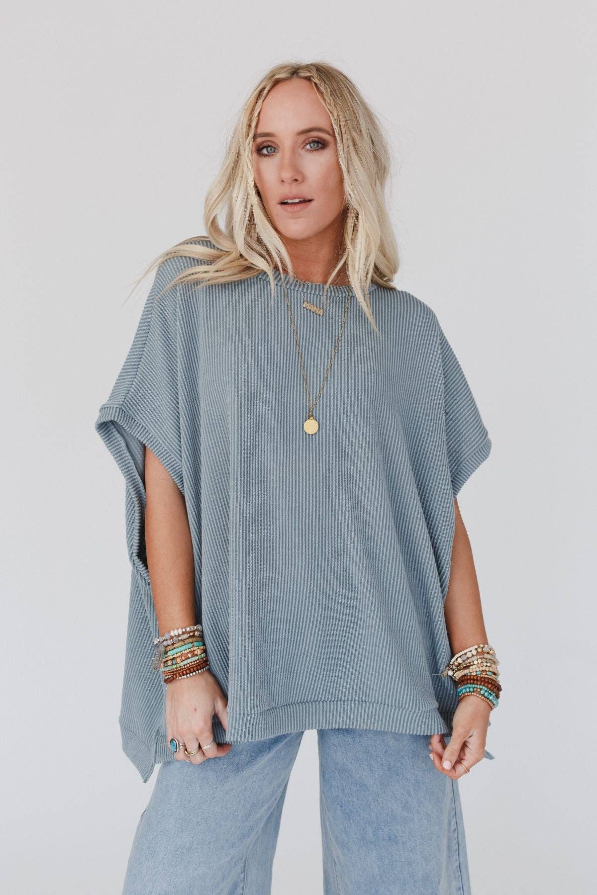 Three Bird Nest - Moon Glow Texture Knit Top - Seafoam: S