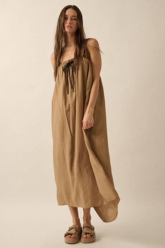 Promesa USA - Tonal-Stripe Drawstring-Neckline Maxi Sack Dress: TAUPE