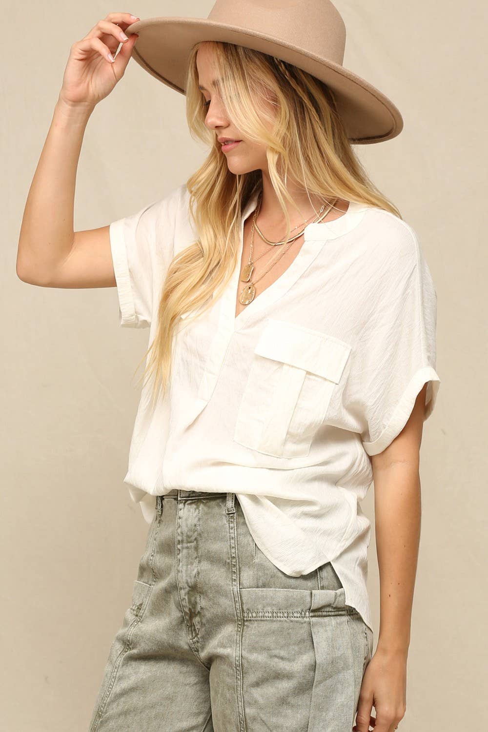 KyeMi - Silk V-Neck Top Wite Rolled Cap Sleeves: Off White