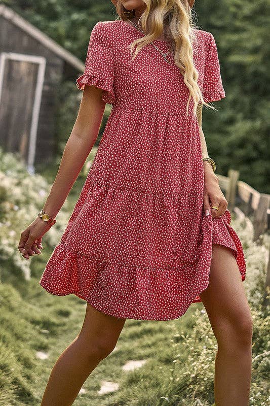 Love, Kuza - Ditsy Bloom Ruffle Tiered Dress: Red