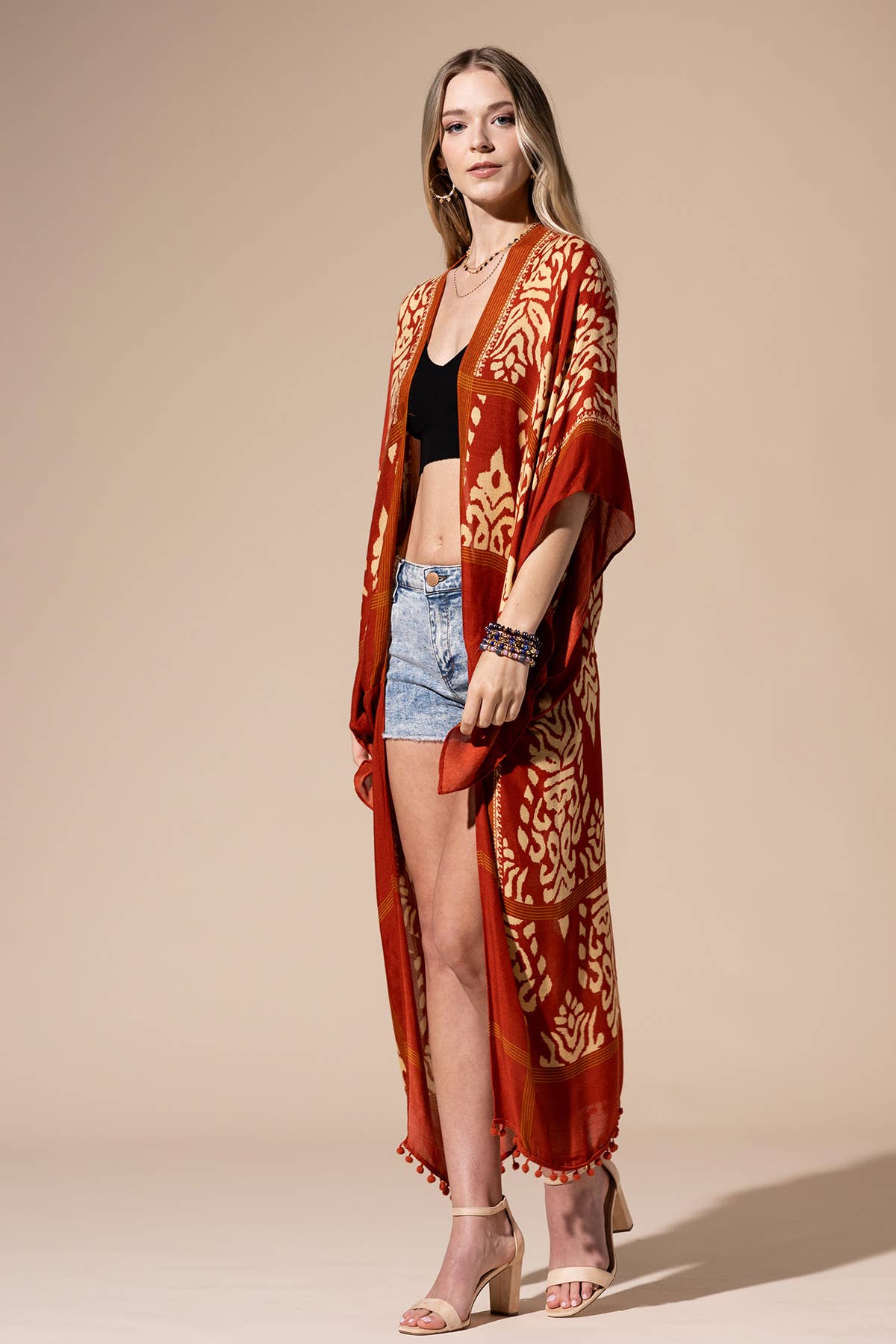 Urbanista - Damask Print Kimono with Sleeves: Mustard / OS