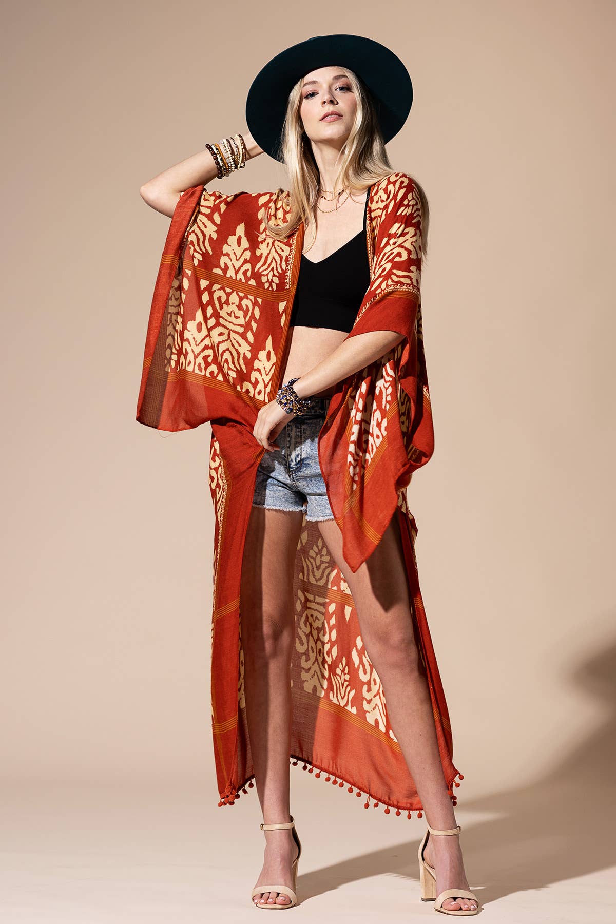 Urbanista - Damask Print Kimono with Sleeves: Mustard / OS
