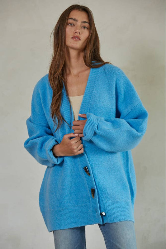 By Together - Knit Sweater Ribbed Detailed Buttondown Cardigan: Sky Blue / L