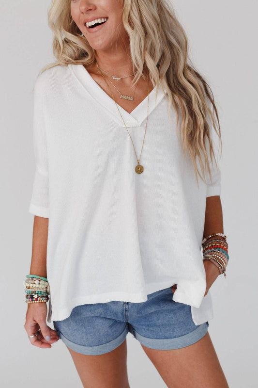 Three Bird Nest - On The Go V Neck Ribbed Essential Tee - Off White