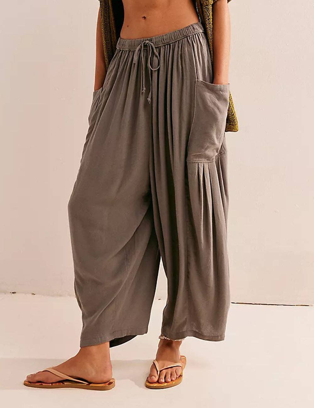 Dipped Shop - Solid Color String Elastic Waist Loose Pants Khaki