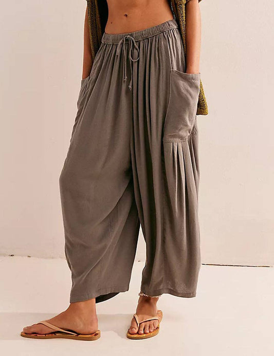 Dipped Shop - Solid Color String Elastic Waist Loose Pants Khaki