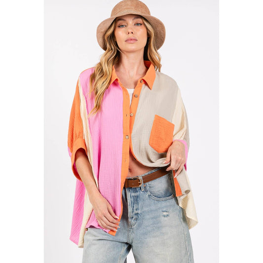 Sage + Fig - COLOR BLOCK GAUZY BUTTON-DOWN BLOUSE