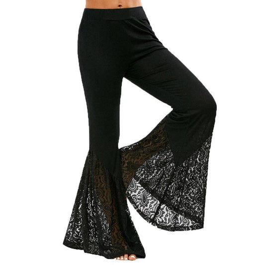 Tourtiwi - Casual Lace Stitching Bell-Bottom Pants Trousers: Black / M