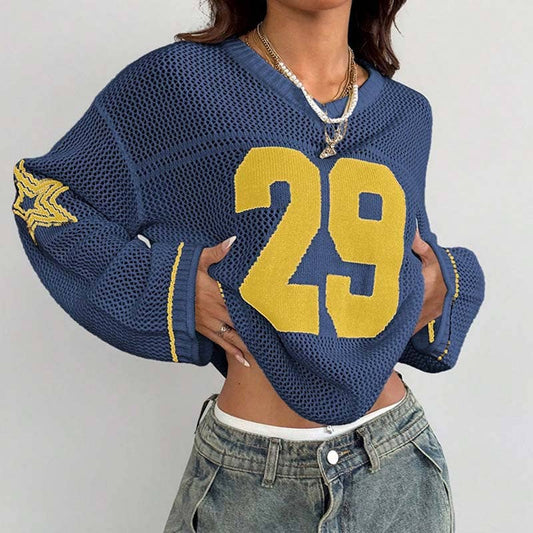 Dipped Shop - Trendy Number Crochet Hollow Out Knit Sweater DP25F529: Blue / L