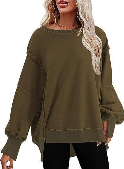 Lily Clothing - Solid-color round-neck casual loose sweatshirt: ARMY GREEN