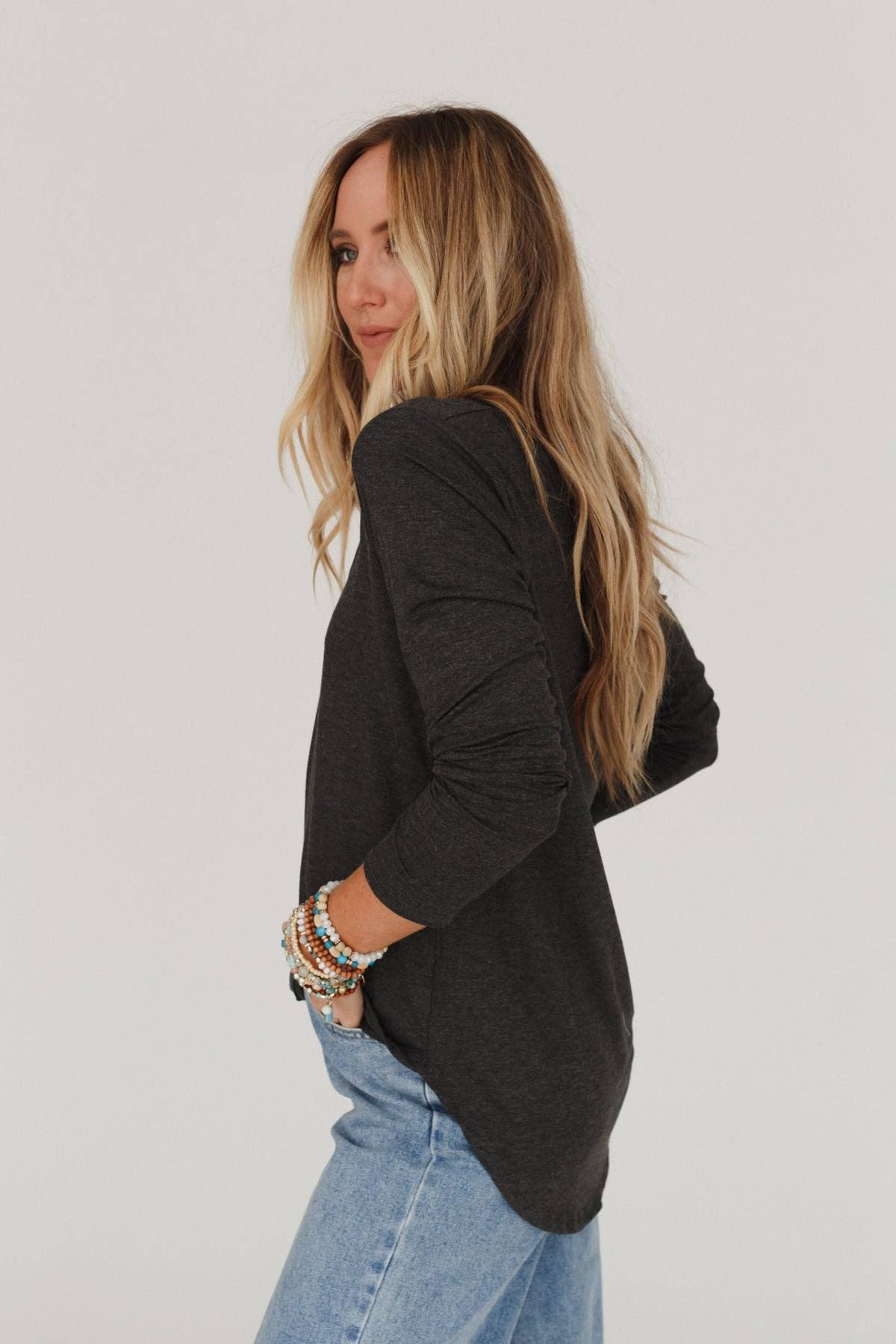 Three Bird Nest - Ryder Long Sleeve Bralette Tee - Charcoal