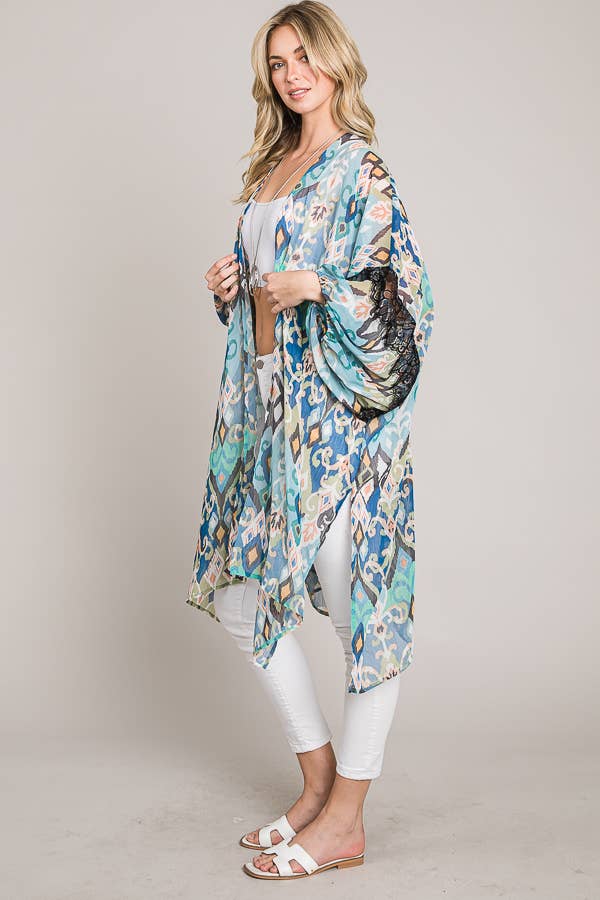 Cerule - Oversize Balloon Sleeve Kimono with lace trim: Blue/Green / Kimono / One Size